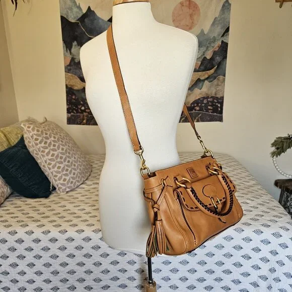 Dooney & Bourke Medium Pocket Satchel Tan Leather Tassel Bag Crossbody 8L977 - Picture 14 of 16